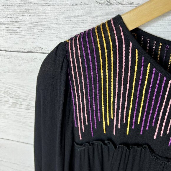 Savanna Jane Blouse Womens Size Medium Black Tiered Colorful Embroidered Stripes - Picture 5 of 15